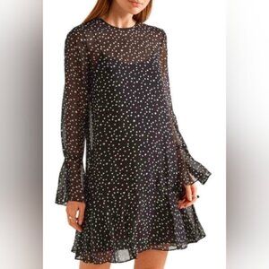 Theory Marah Starry Silk Mini Dress + Slip Long Sleeve Ruffle Hem Black